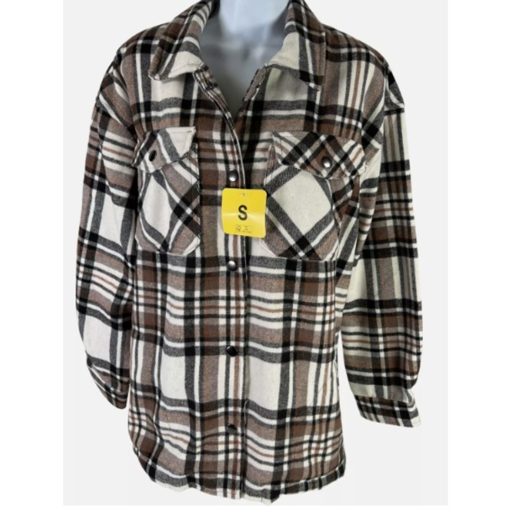 HFX Woman's Flannel Jacket Relaxed Fit Snap‎ Closure Pockets Brown Plaid S